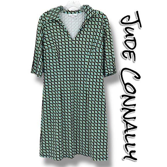 Jude Connally Michelle Geometric Blue Green Casual V Neck Dress Women’s Sz S - Picture 1 of 11